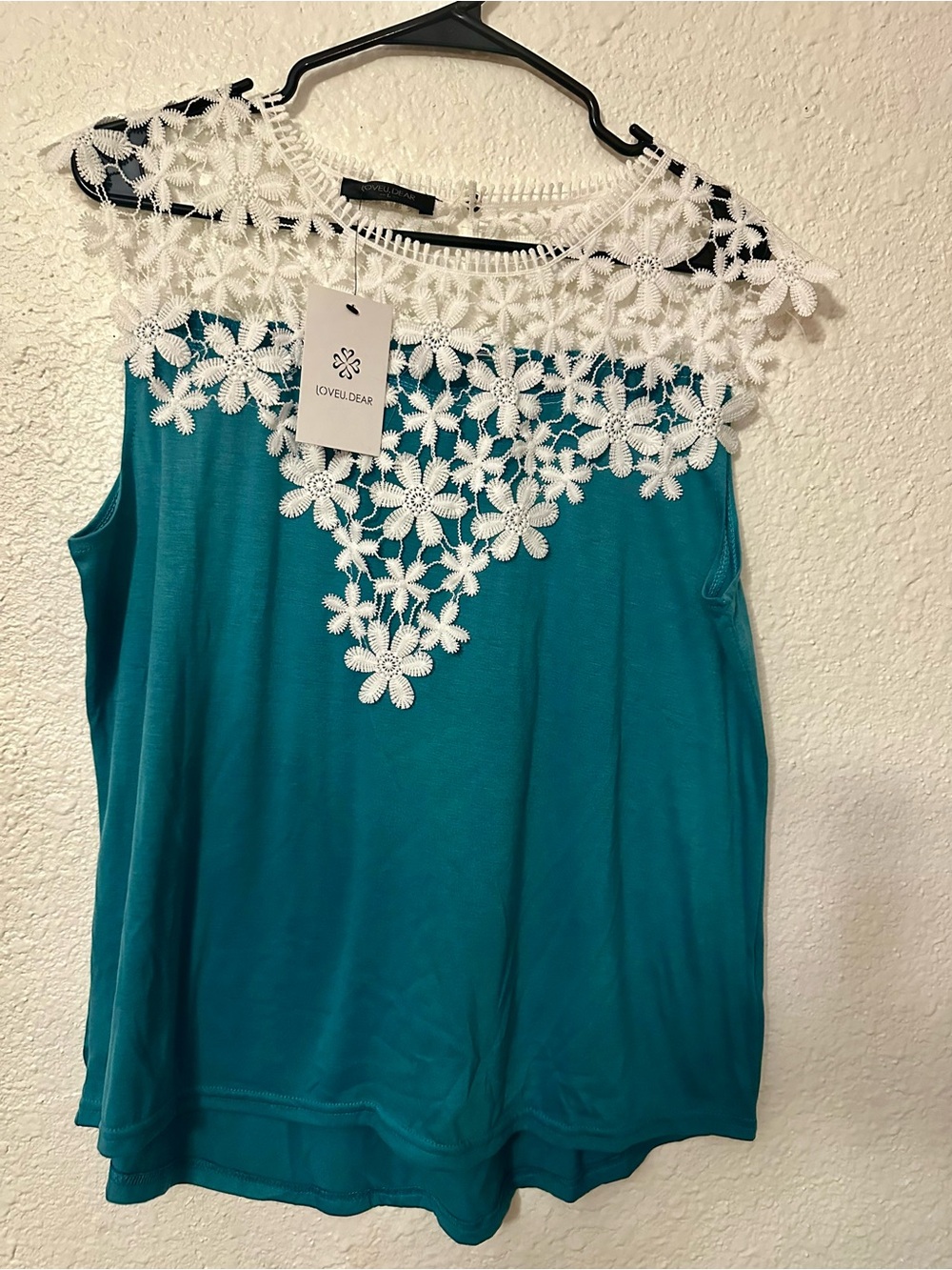 Turquoise Lace-Yoke Sleeveless Tank Top